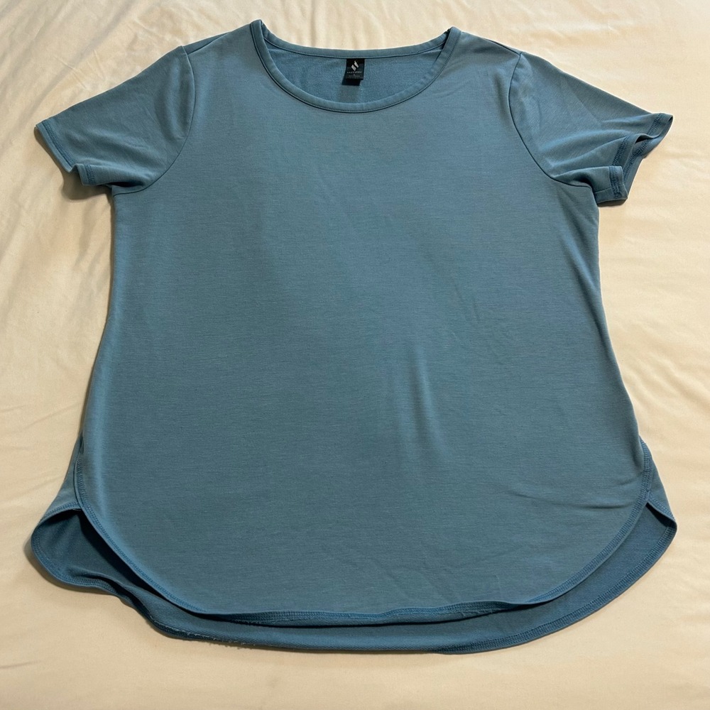 Skechers Womens Blue Short Sleeve Active Top Curved Hem Crew Neck Large